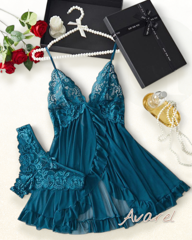 Sexy Damen Cami-Nachtkleid mit Schleifen-Dekoration und Rüschenbesatz aus Spitze