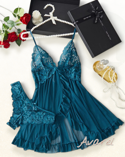 Sexy Damen Cami-Nachtkleid mit Schleifen-Dekoration und Rüschenbesatz aus Spitze