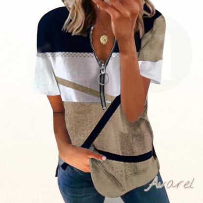 Stilvolles T-Shirt mit coolem Druck, churze Ärmel und praktischem Reißverschluss