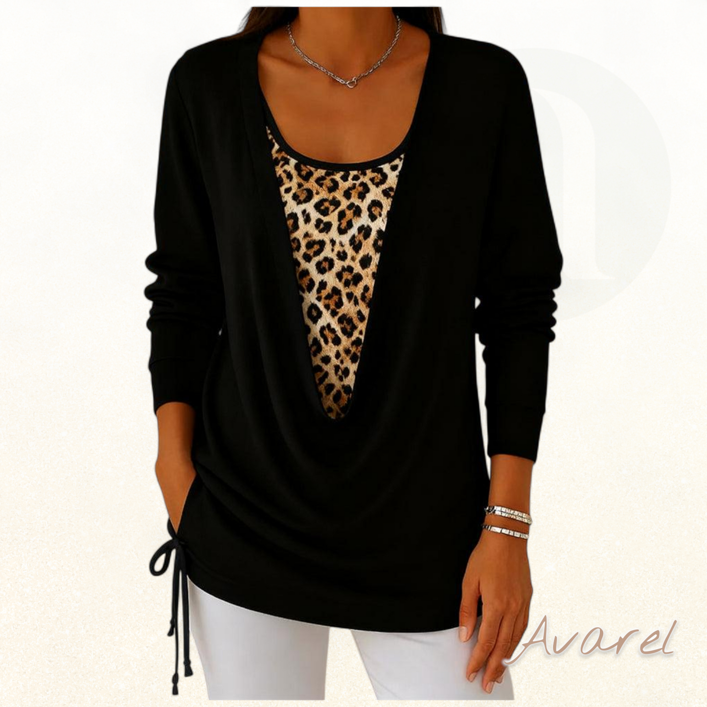 Stylisch Leopardenmuster T-Shirt mit fäärbe Zweiteilung und Schnür-Detail