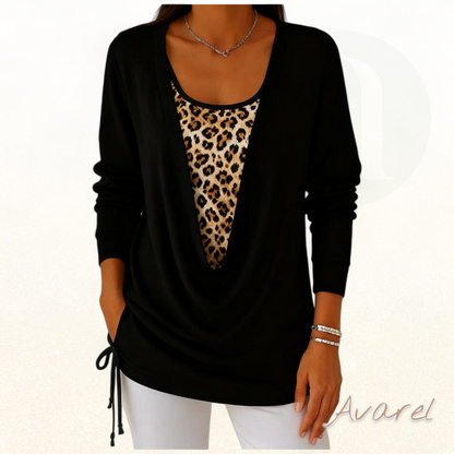 Stylisch Leopardenmuster T-Shirt mit fäärbe Zweiteilung und Schnür-Detail