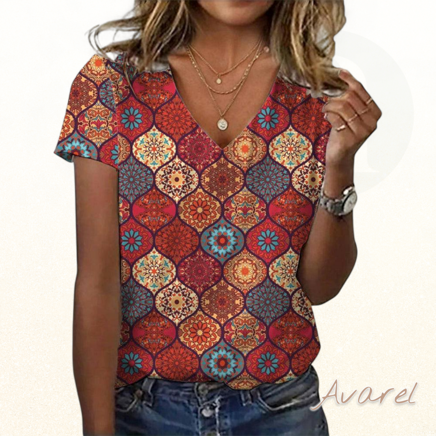 V-Hals T-Shirt mit Retro-Design für stilvolle Look