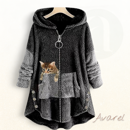 Gmütige Kapuzenmantel mit chürelligem Katzemuster für stilvolle Komfort