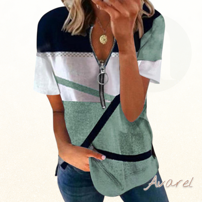 Stilvolles T-Shirt mit coolem Druck, churze Ärmel und praktischem Reißverschluss