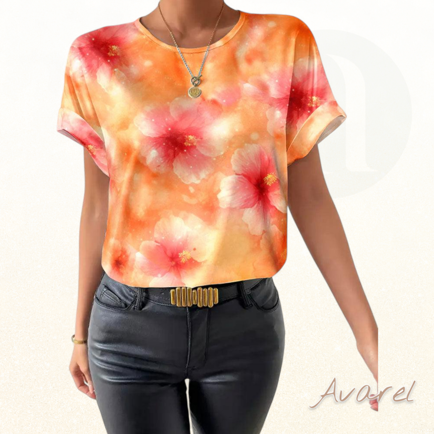 Stilvolls Rundhals-T-Shirt mit auffallendem Tie-Dye-Design und grössere Blüem