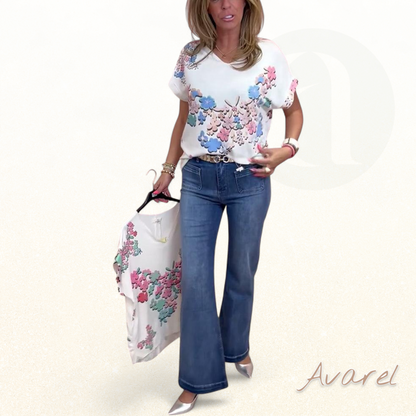 Bequemes lässigs T-Shirt mit stilvollem Blumendruck, V-Ausschnitt und churze Ärmle