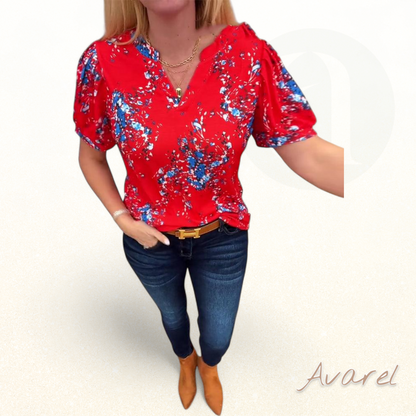 Stilvolle Damen T-Shirt mit V-Ausschnitt und Blümchenmuster, Kurzarm perfekt für de Sommer