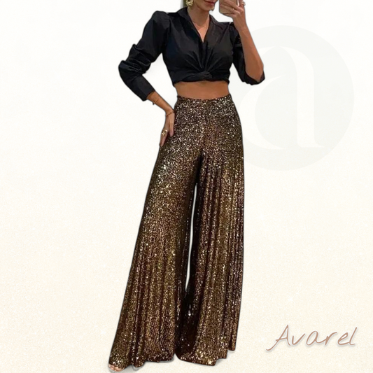 Eleganti hoch tailliert Hose mit funkelnde Pailletten und wiit Bein für e stilvolle Look