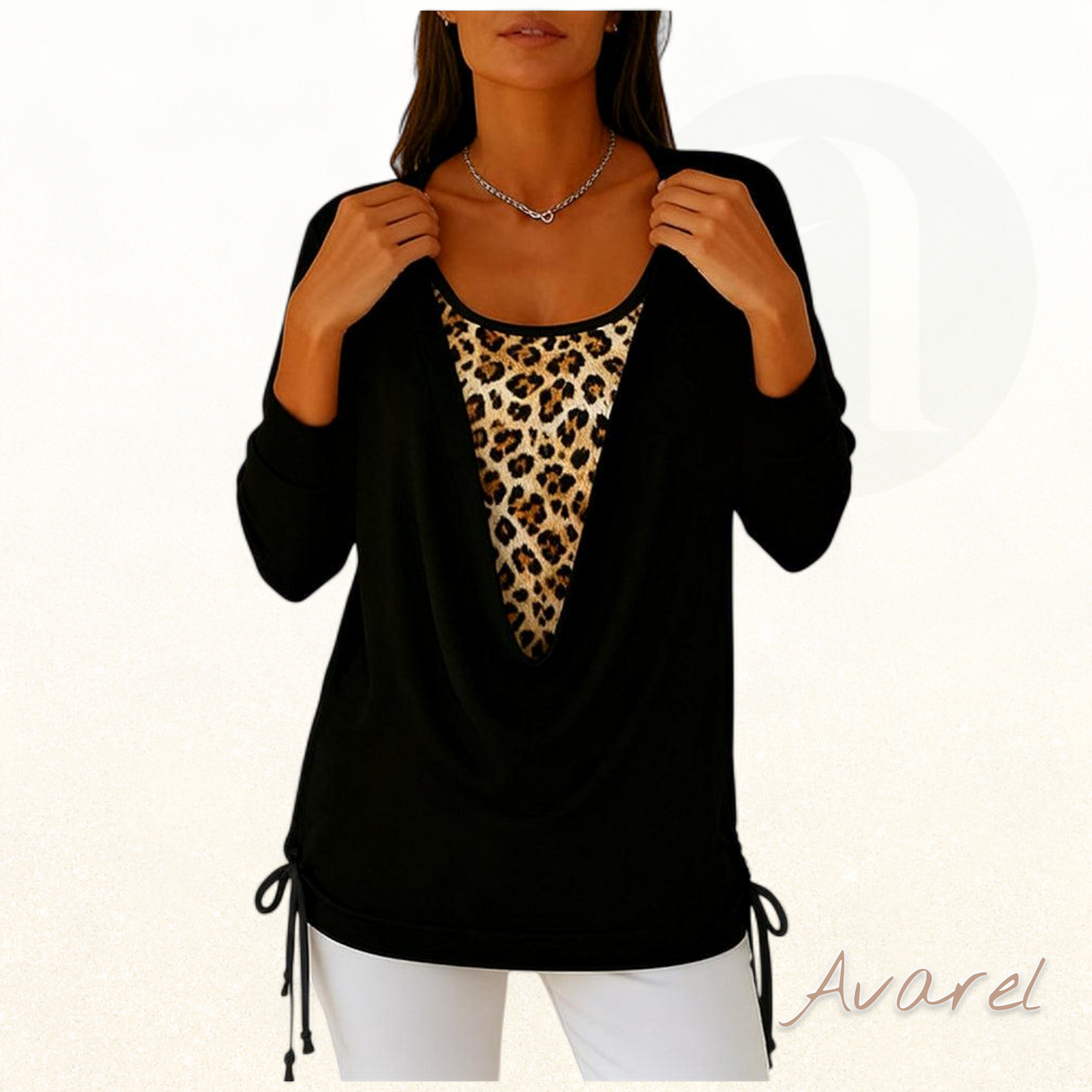 Stylisch Leopardenmuster T-Shirt mit fäärbe Zweiteilung und Schnür-Detail