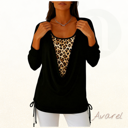 Stylisch Leopardenmuster T-Shirt mit fäärbe Zweiteilung und Schnür-Detail