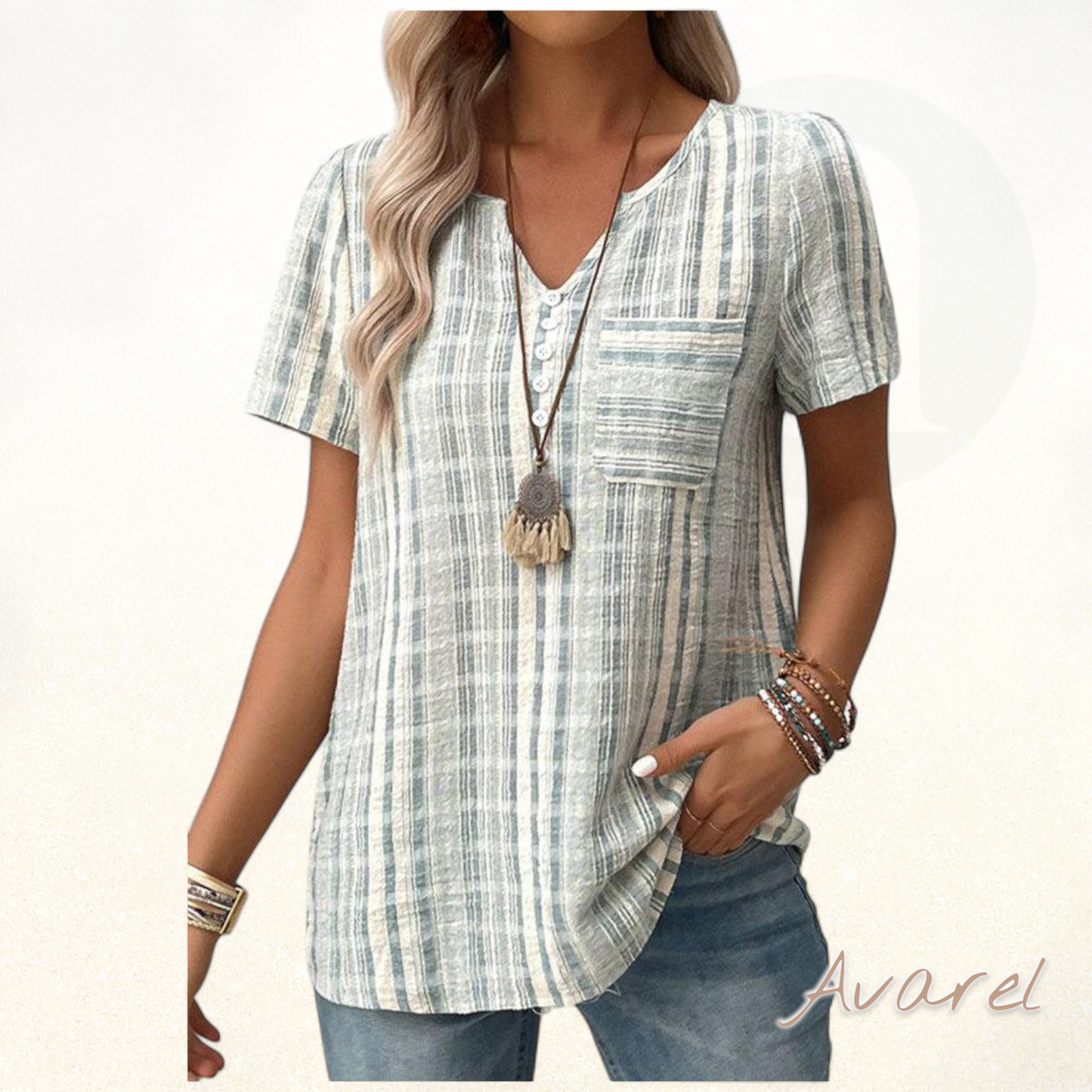 Bequems V-Ausschnitt T-Shirt mit stilvollem Streifen-Karomuster