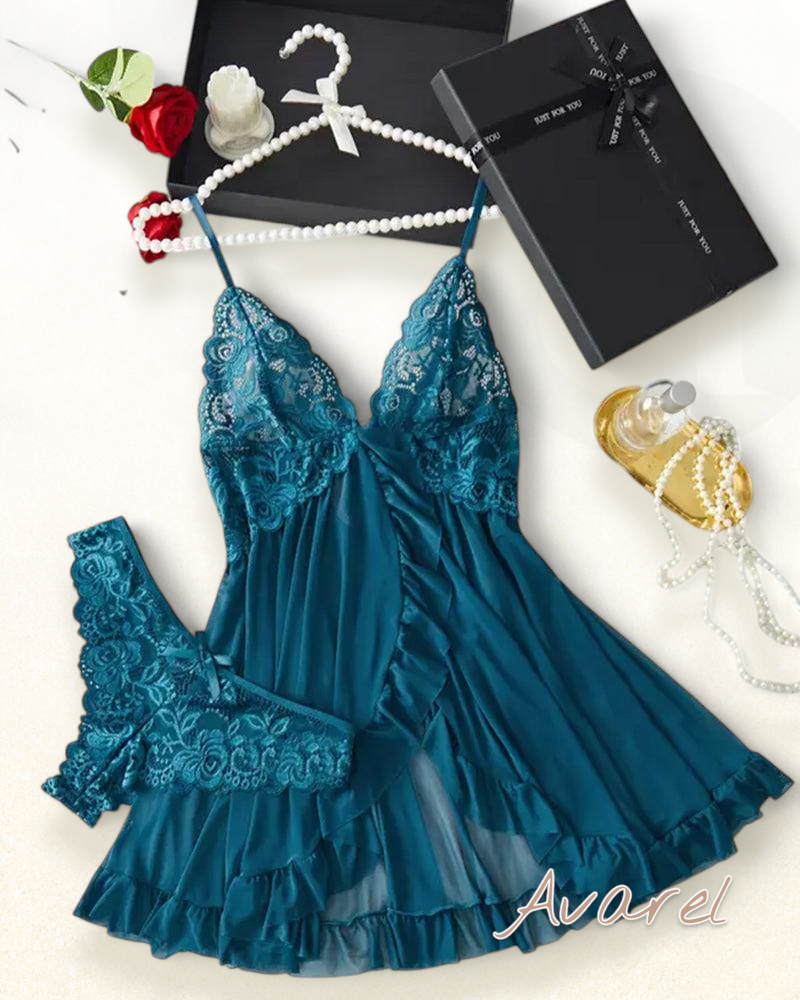 Sexy Damen Cami-Nachtkleid mit Schleifen-Dekoration und Rüschenbesatz aus Spitze