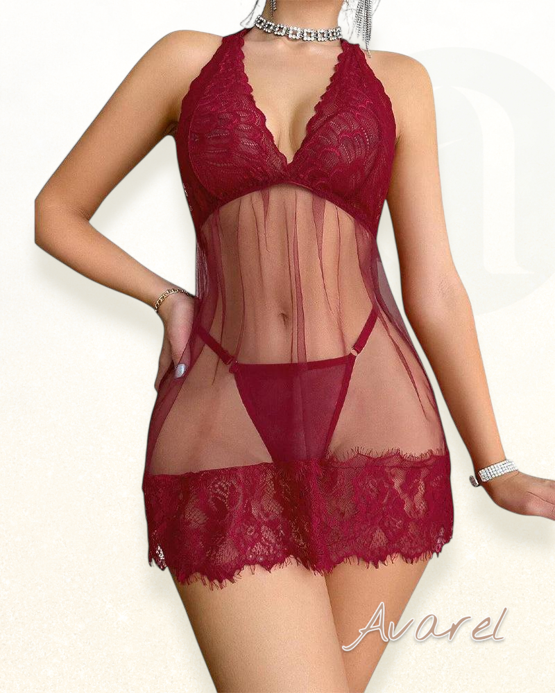 Eleganti Bluemen Spitze Halterneck Babydoll mit verführerischem String, perfekt für feminine Nächte