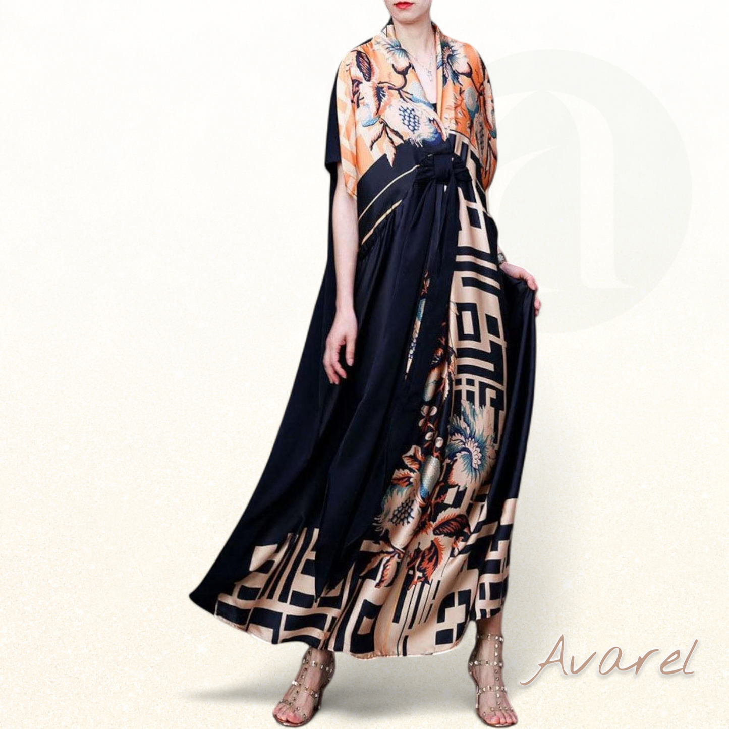 Bunte Seidenkleidung aus Italien mit V-Ausschnitt, asymmetrischem Design und Kurzärmeln