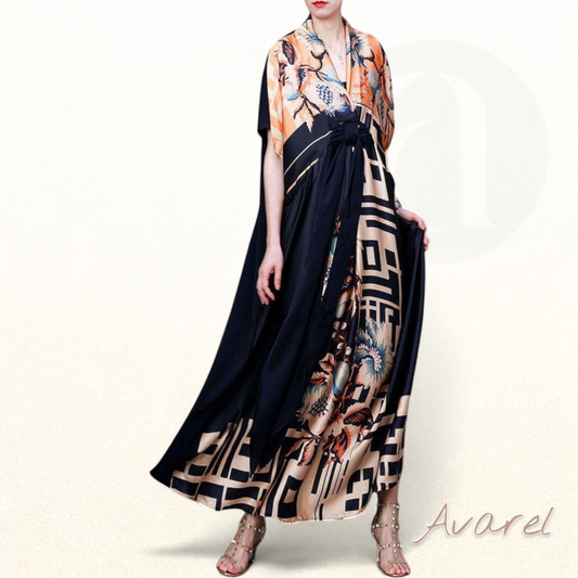 Bunte Seidenkleidung aus Italien mit V-Ausschnitt, asymmetrischem Design und Kurzärmeln