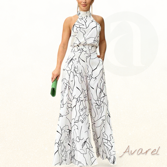 Eleganter ärmelloser Hosenanzug mit modernem Druck und Hüftgürtel für eine stilvolle Silhouette mit weiten Beinen