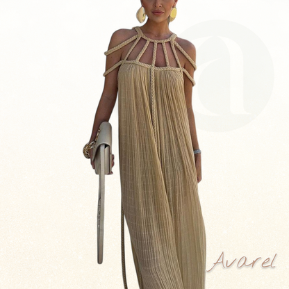 Elegantes Maxikleid mit feinen Falten und aufwändigen Flecht-Details aus luxuriösem Leinenmischgewebe