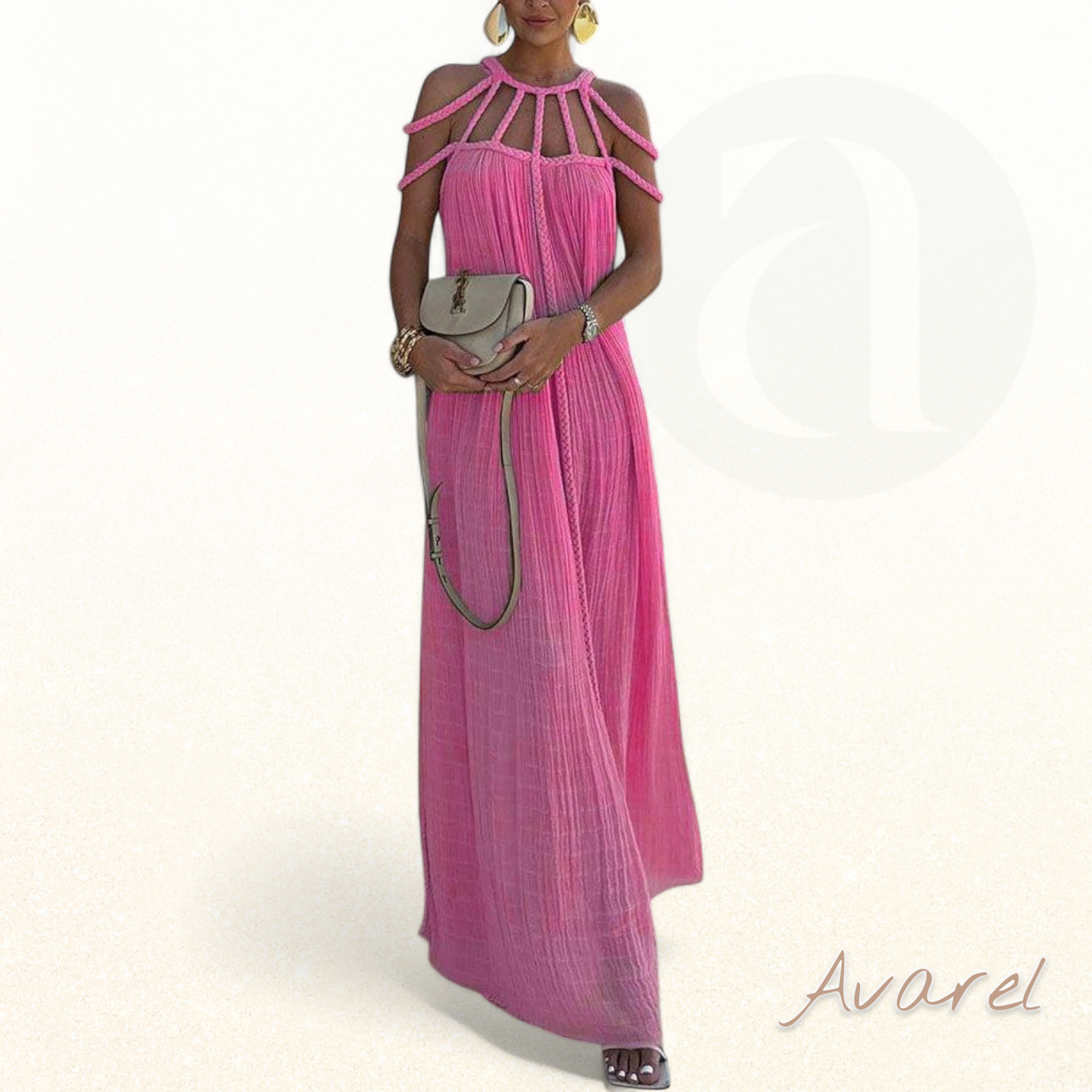 Elegantes Maxikleid mit feinen Falten und aufwändigen Flecht-Details aus luxuriösem Leinenmischgewebe