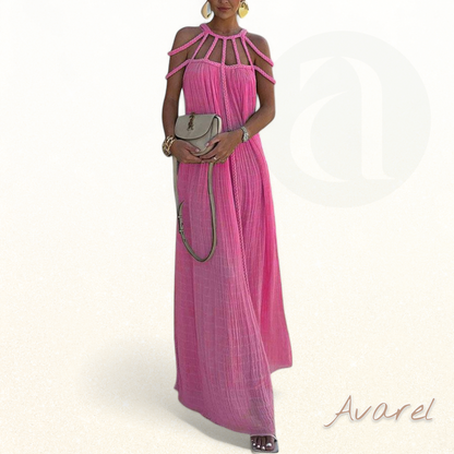 Elegantes Maxikleid mit feinen Falten und aufwändigen Flecht-Details aus luxuriösem Leinenmischgewebe