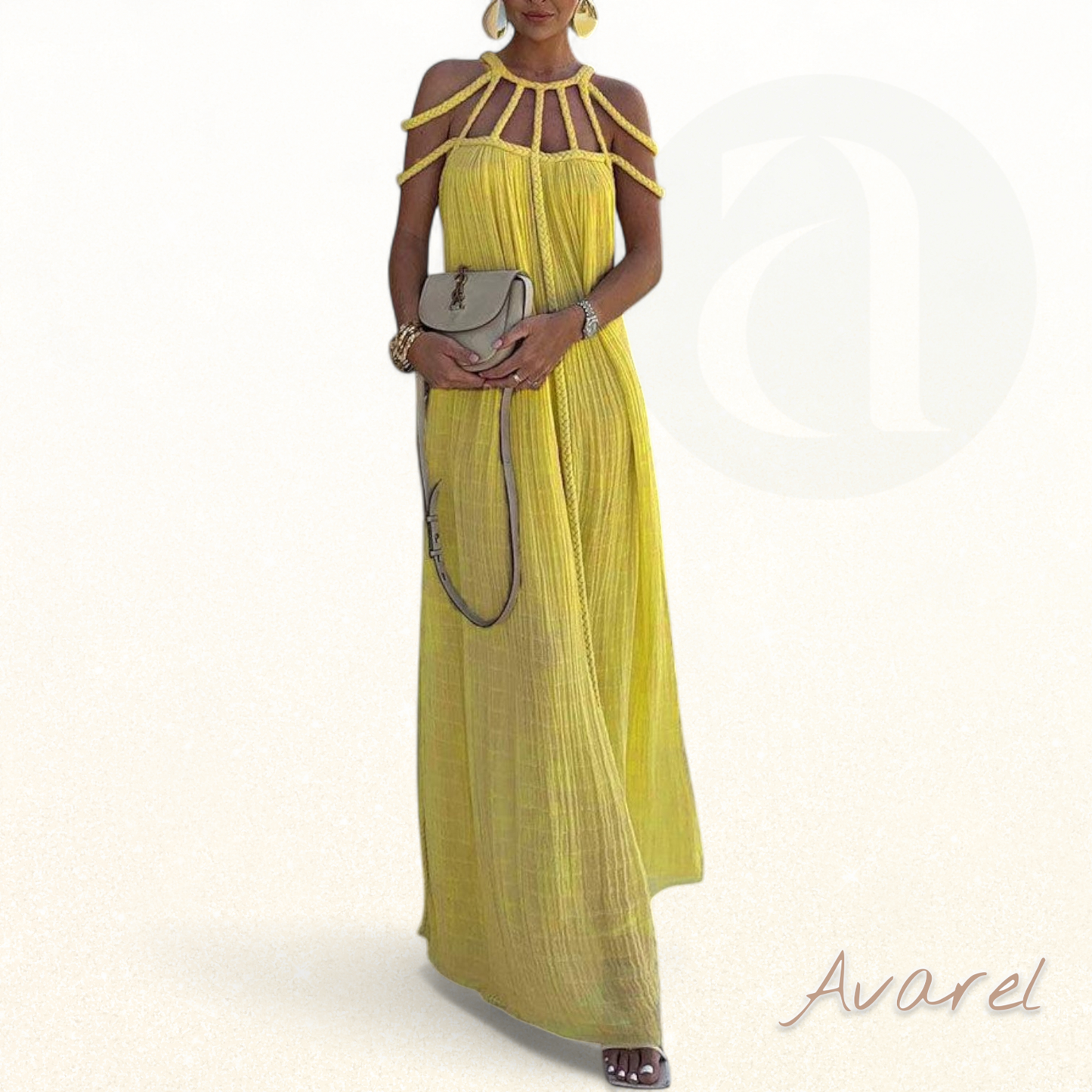 Elegantes Maxikleid mit feinen Falten und aufwändigen Flecht-Details aus luxuriösem Leinenmischgewebe