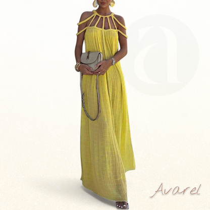 Elegantes Maxikleid mit feinen Falten und aufwändigen Flecht-Details aus luxuriösem Leinenmischgewebe