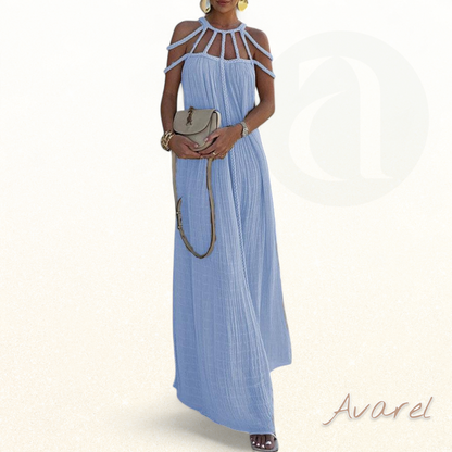 Elegantes Maxikleid mit feinen Falten und aufwändigen Flecht-Details aus luxuriösem Leinenmischgewebe