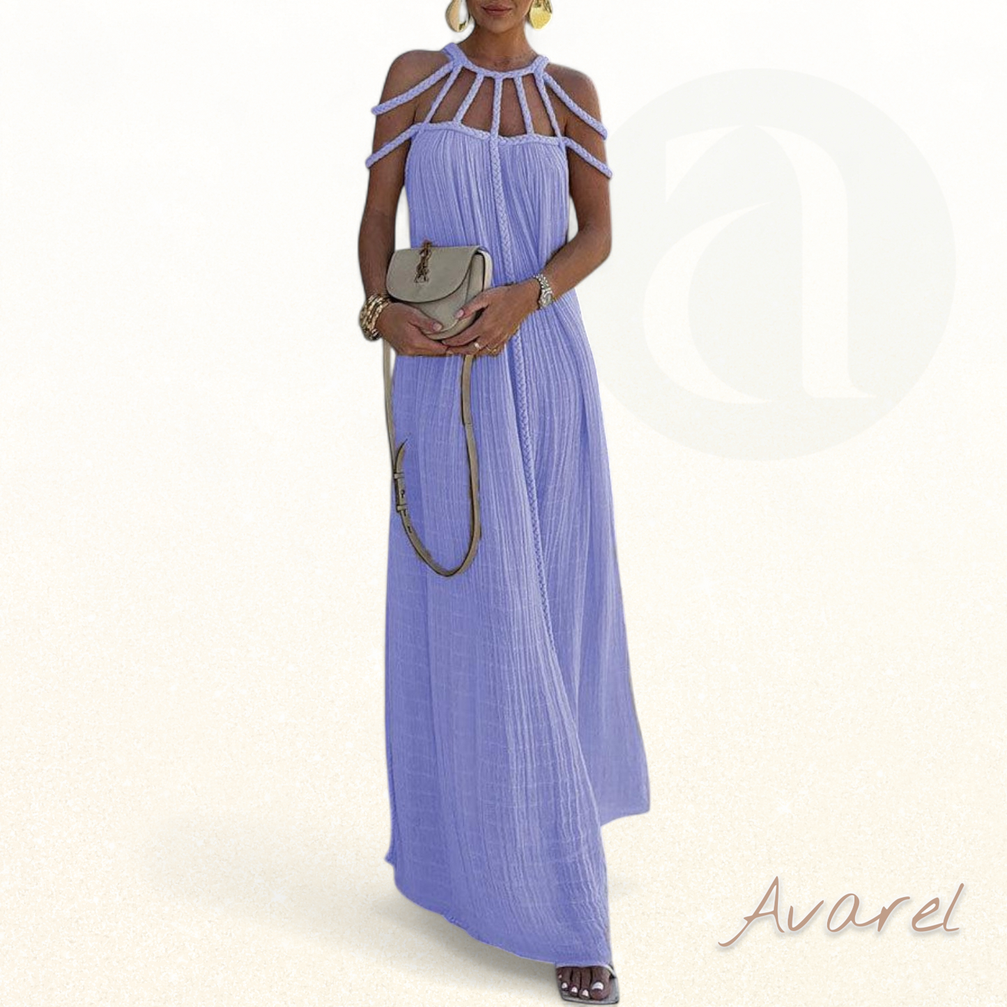 Elegantes Maxikleid mit feinen Falten und aufwändigen Flecht-Details aus luxuriösem Leinenmischgewebe