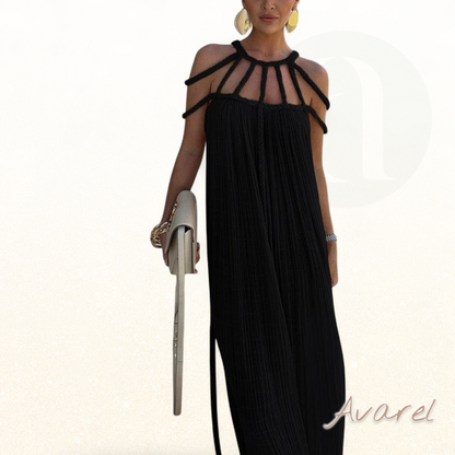 Elegantes Maxikleid mit feinen Falten und aufwändigen Flecht-Details aus luxuriösem Leinenmischgewebe