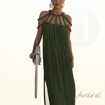 Elegantes Maxikleid mit feinen Falten und aufwändigen Flecht-Details aus luxuriösem Leinenmischgewebe