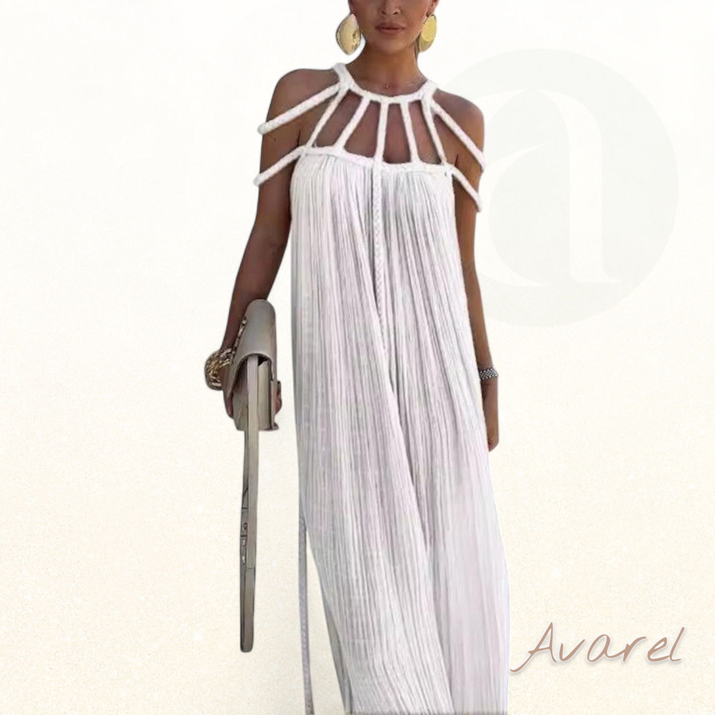 Elegantes Maxikleid mit feinen Falten und aufwändigen Flecht-Details aus luxuriösem Leinenmischgewebe