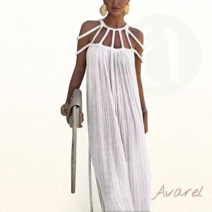 Elegantes Maxikleid mit feinen Falten und aufwändigen Flecht-Details aus luxuriösem Leinenmischgewebe