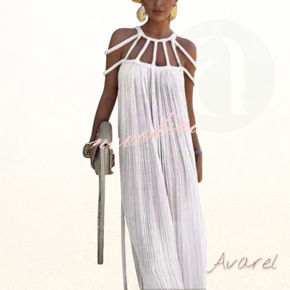 Elegantes Maxikleid mit feinen Falten und aufwändigen Flecht-Details aus luxuriösem Leinenmischgewebe