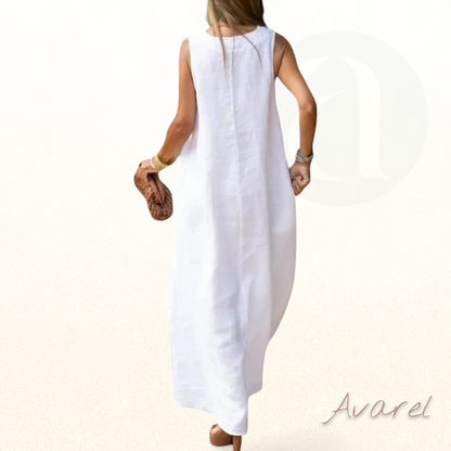 Elegantes bohemisches weißes Baumwollkleid mit V-Ausschnitt und A-Linien-Saum ärmellos für einen anspruchsvollen Stil