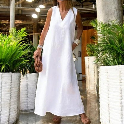 Elegantes bohemisches weißes Baumwollkleid mit V-Ausschnitt und A-Linien-Saum ärmellos für einen anspruchsvollen Stil