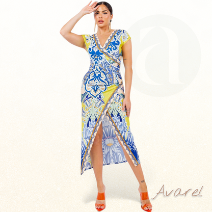 Schickes Midi-Kleid mit V-Ausschnitt und Bindegürtel für einen glamourösen Auftritt