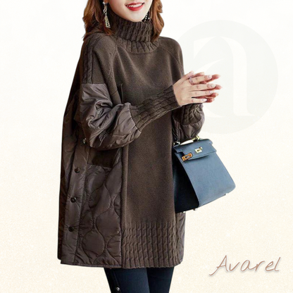 Luee en de Mode mit üsem groose, warme Strickpulli, luxuriöse Rollkrage und einzigartiigem Patchwork för en absolute Bequemlichkeit