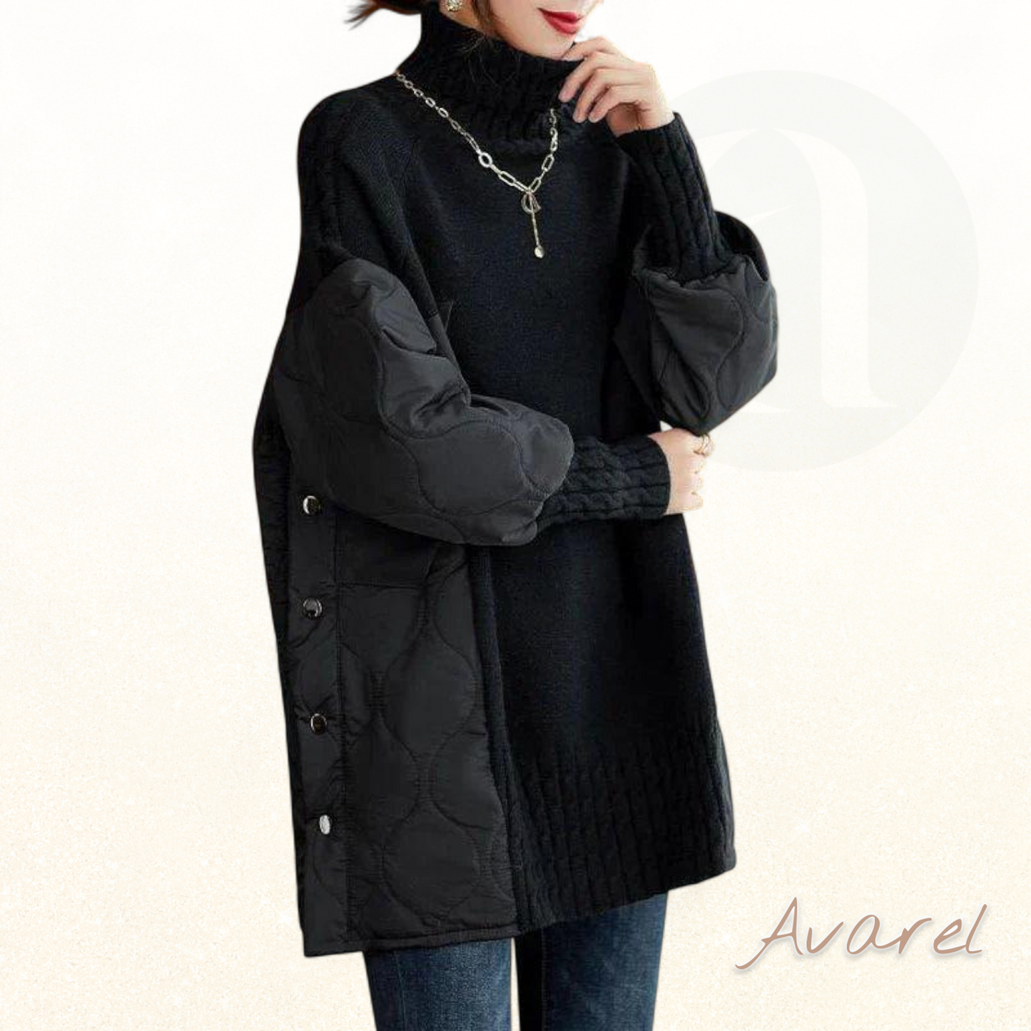 Luee en de Mode mit üsem groose, warme Strickpulli, luxuriöse Rollkrage und einzigartiigem Patchwork för en absolute Bequemlichkeit