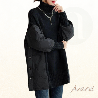 Luee en de Mode mit üsem groose, warme Strickpulli, luxuriöse Rollkrage und einzigartiigem Patchwork för en absolute Bequemlichkeit