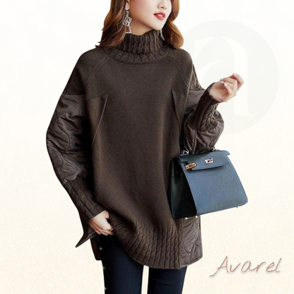 Luee en de Mode mit üsem groose, warme Strickpulli, luxuriöse Rollkrage und einzigartiigem Patchwork för en absolute Bequemlichkeit