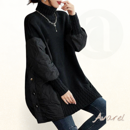 Luee en de Mode mit üsem groose, warme Strickpulli, luxuriöse Rollkrage und einzigartiigem Patchwork för en absolute Bequemlichkeit