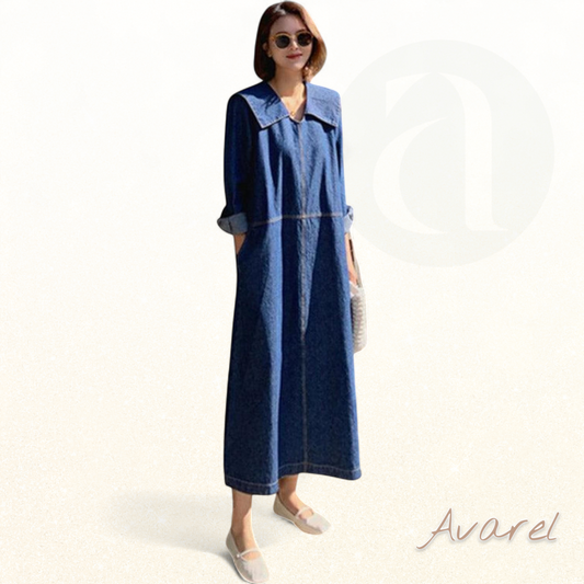 Trendige Patchwork-Denim-Kleid mit blauen Knöpfen, Peter-Pan-Kragen und praktischen Taschen für einen bequemen und schicken Alltag