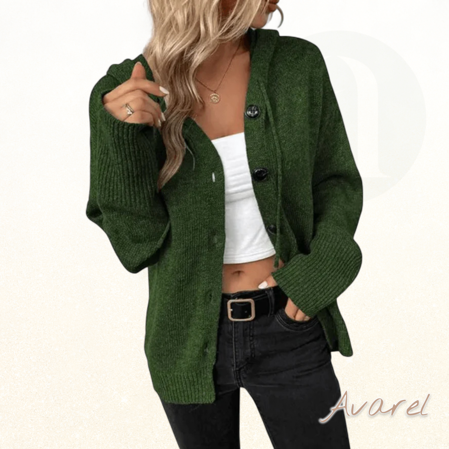 Dicke Damen Cardigan Jacke us gestricktem Stoff mit Knopf und Federfütterung – Eleganz und Wärmi garantiert