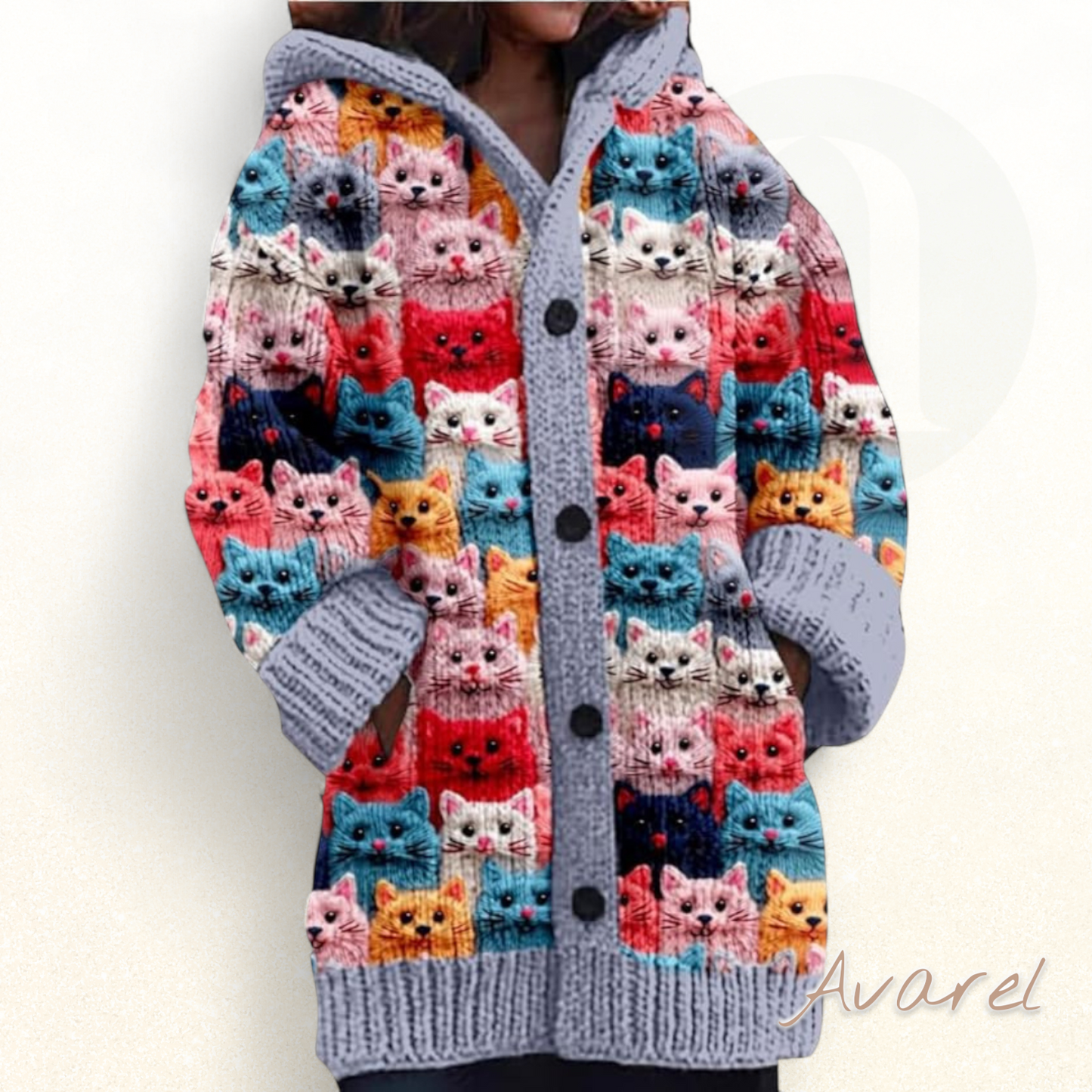 Froue Strickjacke für Frauen mit Kapuze und Katzenmuster – Trendiges Design, Knopfverschluss und Daunenisolierung für kalte Tage