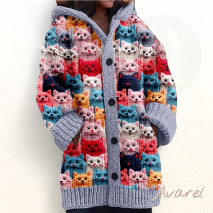 Froue Strickjacke für Frauen mit Kapuze und Katzenmuster – Trendiges Design, Knopfverschluss und Daunenisolierung für kalte Tage