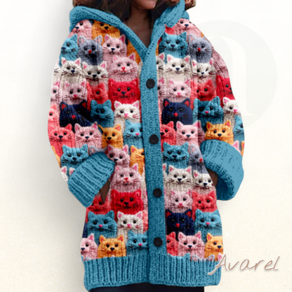 Froue Strickjacke für Frauen mit Kapuze und Katzenmuster – Trendiges Design, Knopfverschluss und Daunenisolierung für kalte Tage