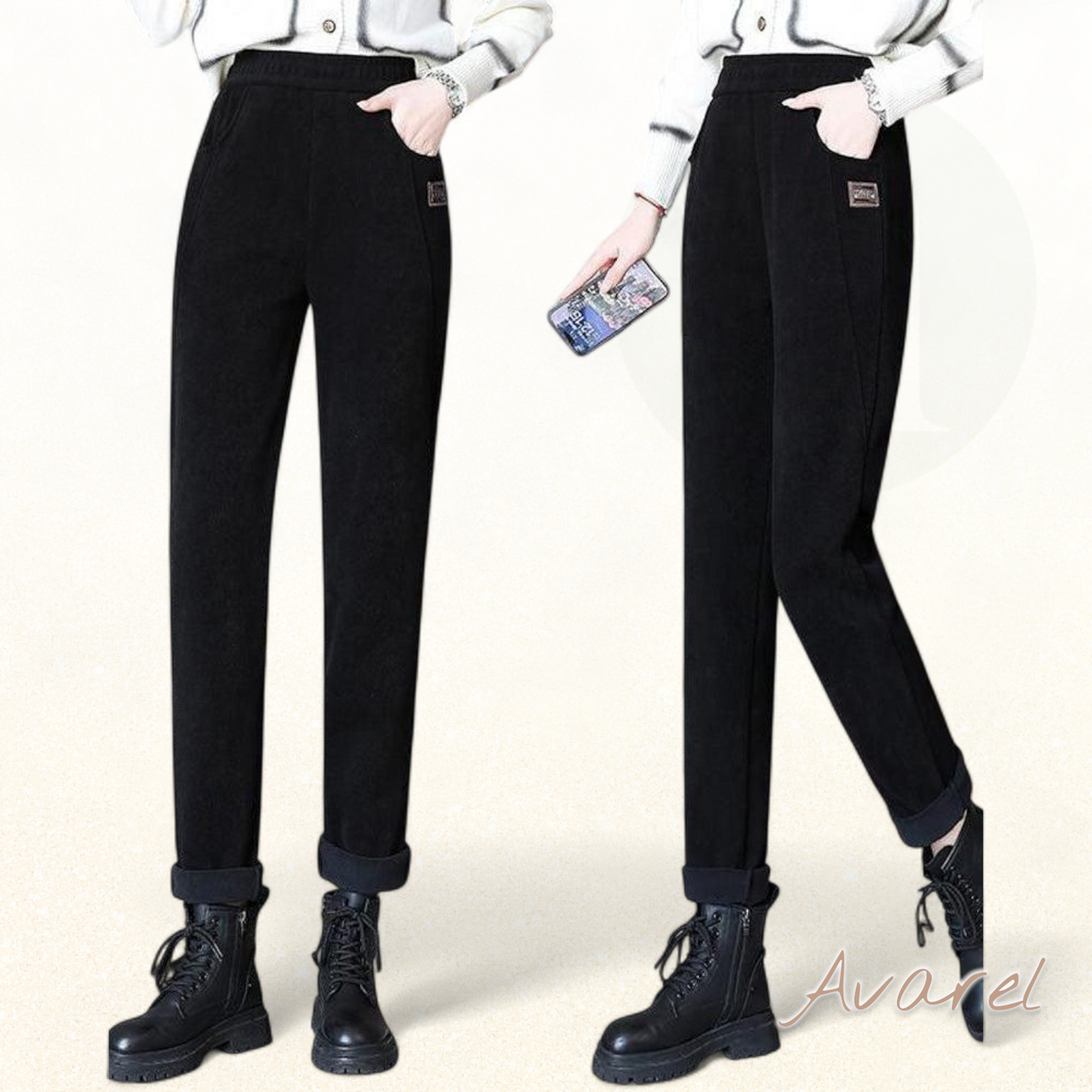 Luxuriösi Warm Hochtaillierte Hose mit Flauschigem Wollfutter