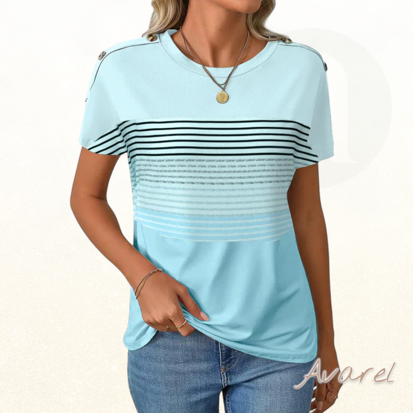Stilvolles kürzärmeliges Streifen-T-Shirt mit auffälligem Druck