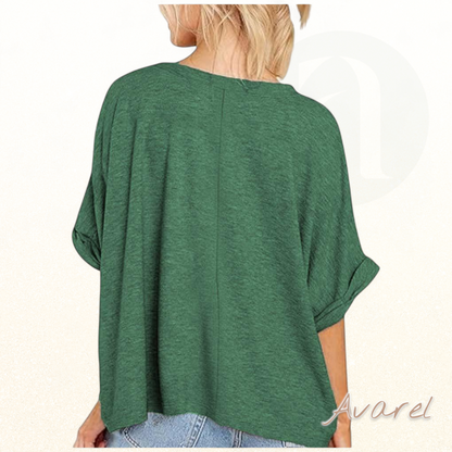 Stylischs V-Ausschnitt T-Shirt mit grolltem Saum und churzarmsigem, lockere Schnitt