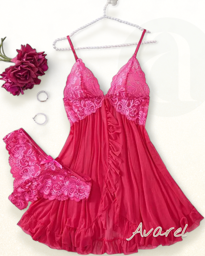 Sexy Damen Cami-Nachtkleid mit Schleifen-Dekoration und Rüschenbesatz aus Spitze