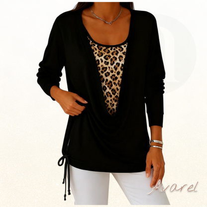 Stylisch Leopardenmuster T-Shirt mit fäärbe Zweiteilung und Schnür-Detail